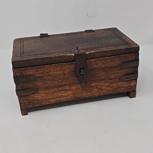 Vintage wood brass treasure storage jewelry box rustic farmhouse house decor